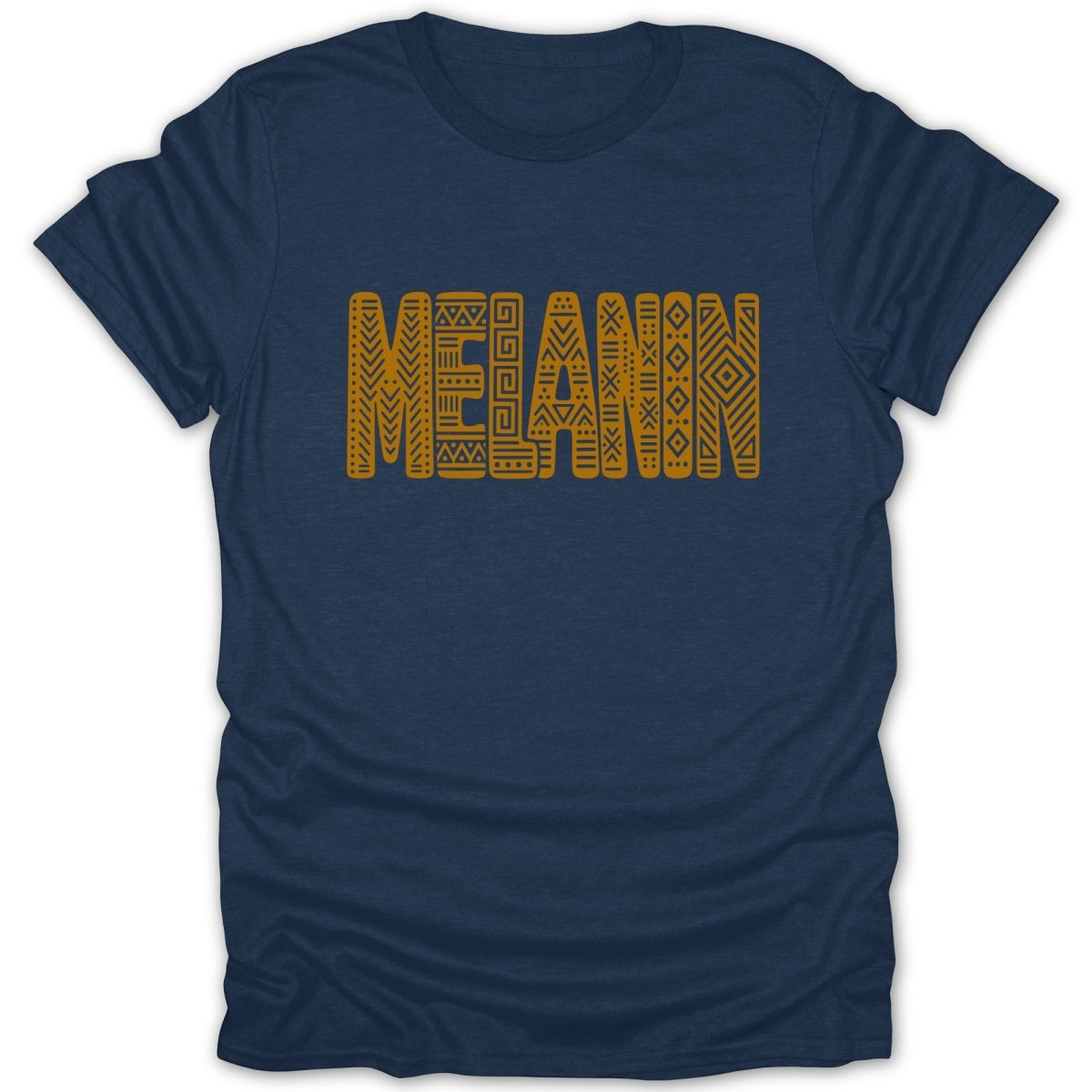 Navy t-shirt with the word "MELANIN" in orange textured font.