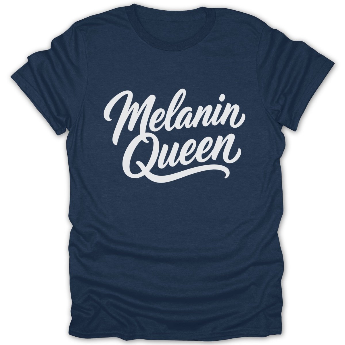 Navy t-shirt with white script text "Melanin Queen"
