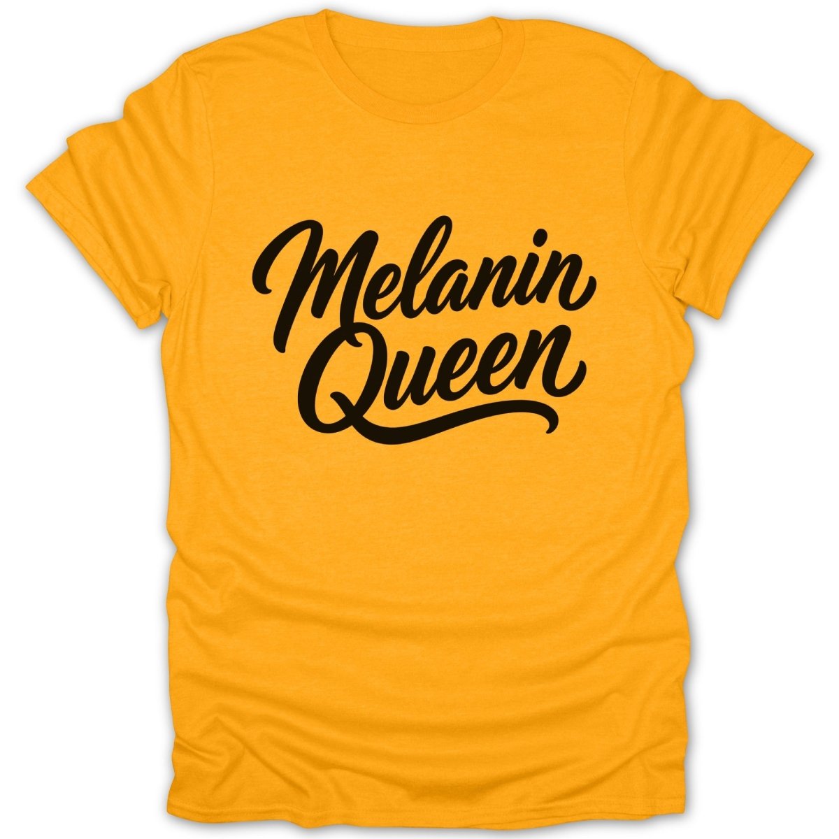 Yellow t-shirt with "Melanin Queen" in black script text.