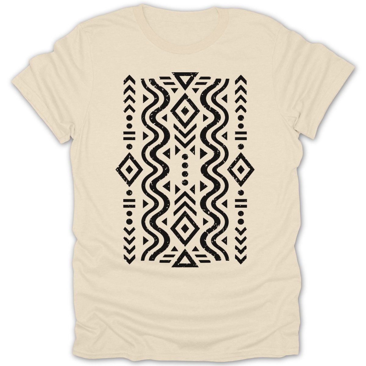 Cream t-shirt with black tribal geometric pattern.