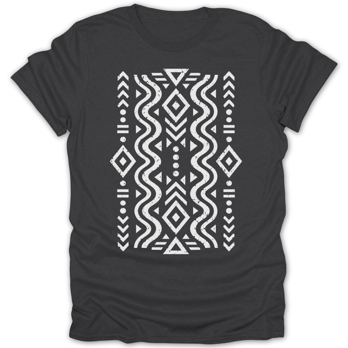 Dark grey t-shirt with a white geometric and wavy pattern.