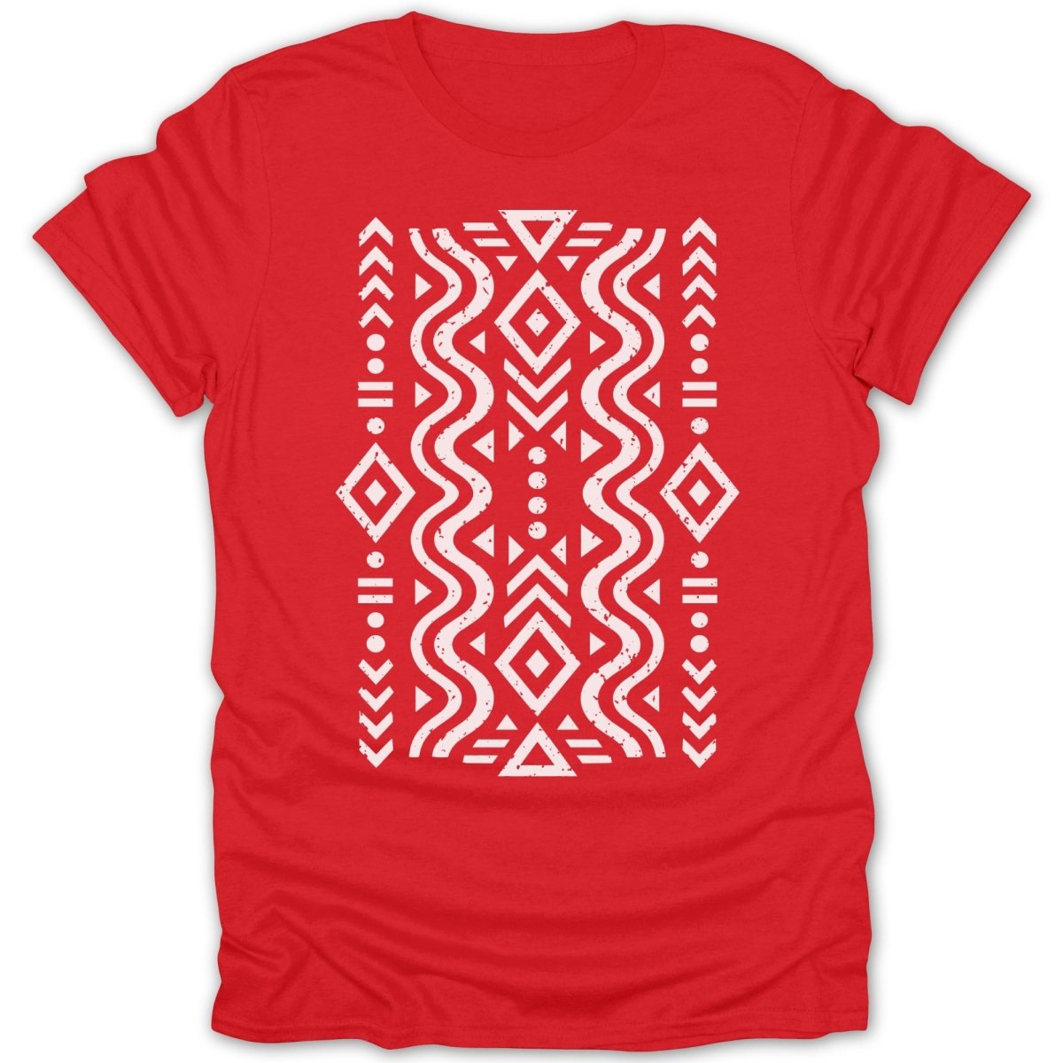Red t-shirt with white geometric tribal pattern and wavy lines.