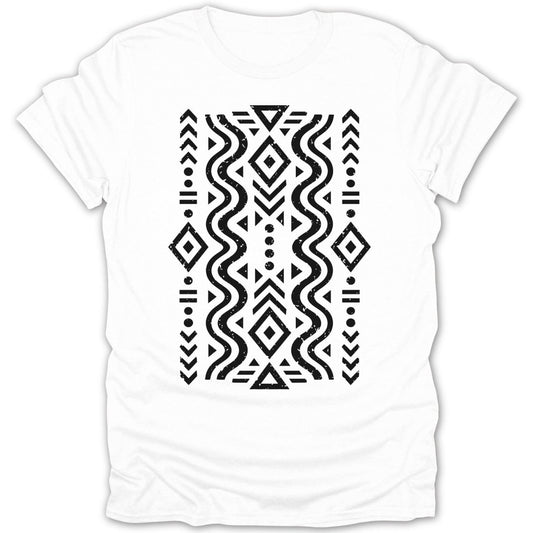 White t-shirt with a black tribal geometric pattern across the chest.