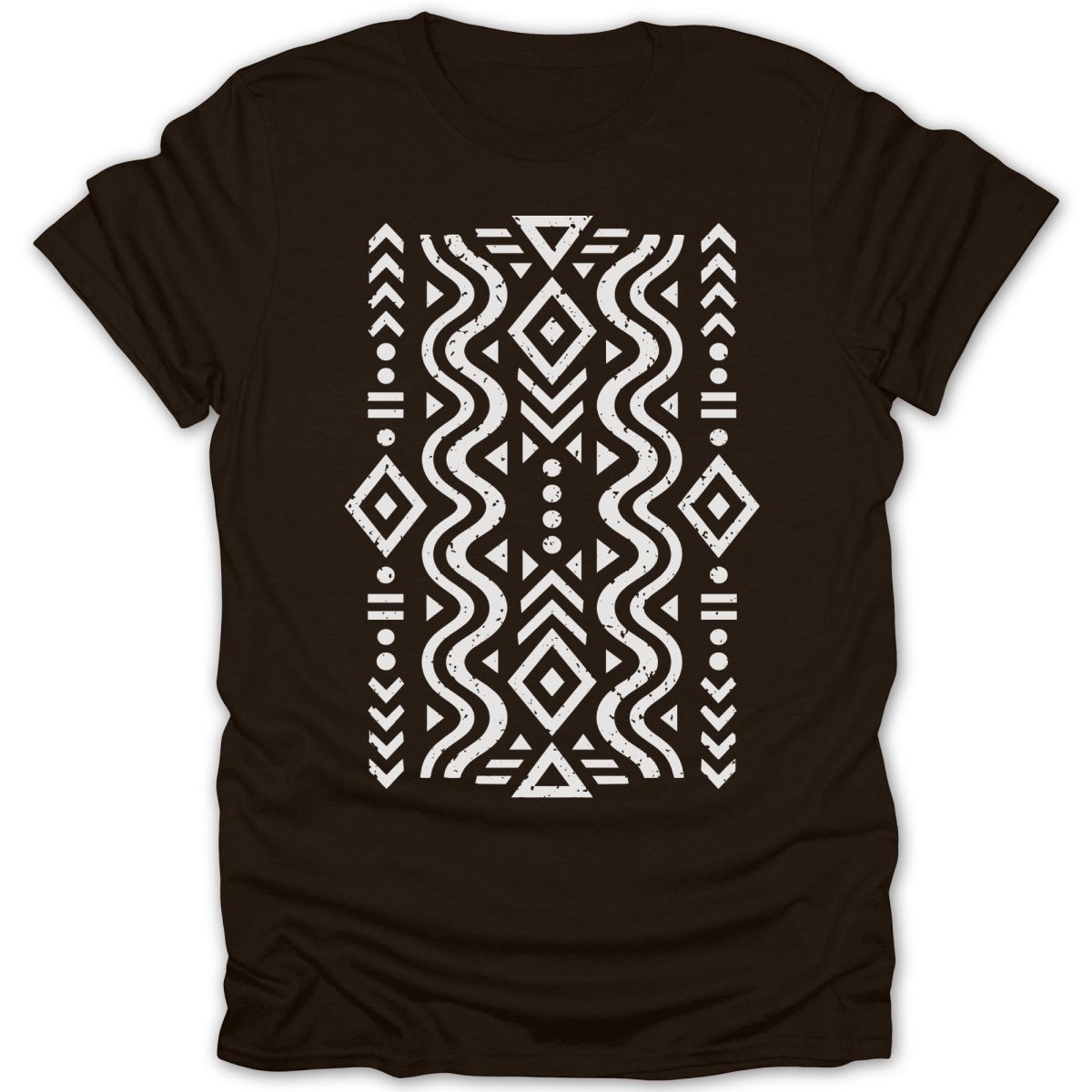 Brown t-shirt with white geometric tribal pattern across the chest.