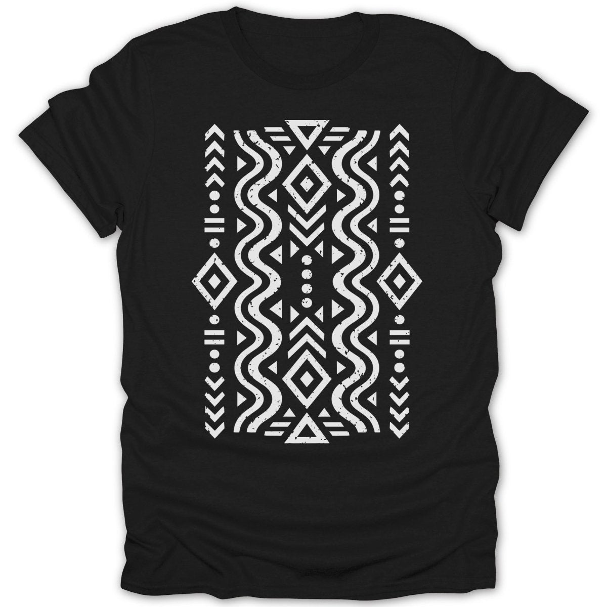 Black t-shirt with white geometric and wavy tribal pattern.