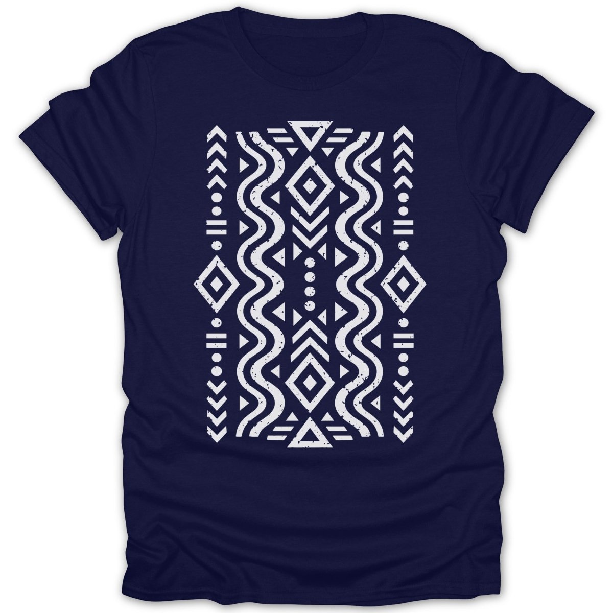 Navy t-shirt with white geometric tribal pattern on the chest.