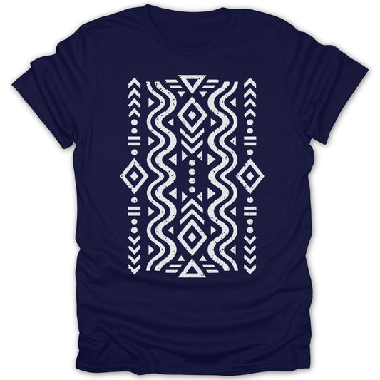 Navy t-shirt with white geometric tribal pattern on the chest.