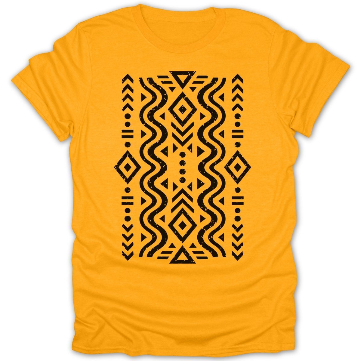 Orange t-shirt with black geometric tribal pattern design.