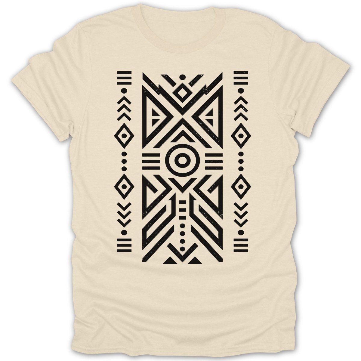 Cream t-shirt with black geometric tribal pattern centered on front.
