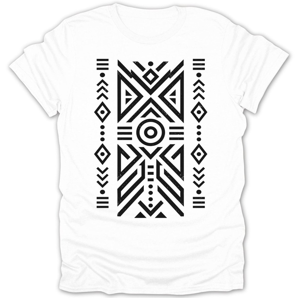 White t-shirt with black geometric tribal pattern on the chest.