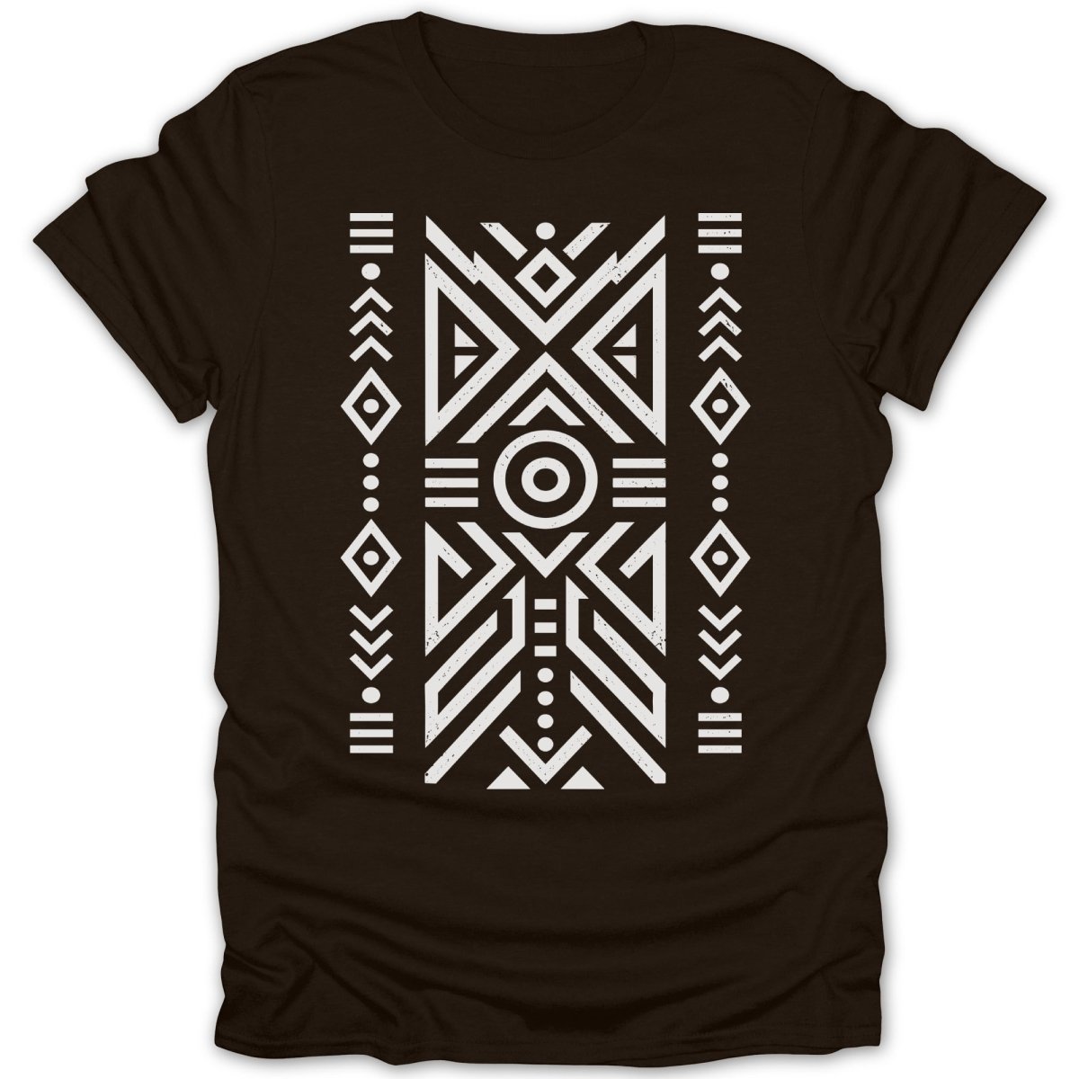 Dark brown t-shirt with a white geometric tribal pattern design.