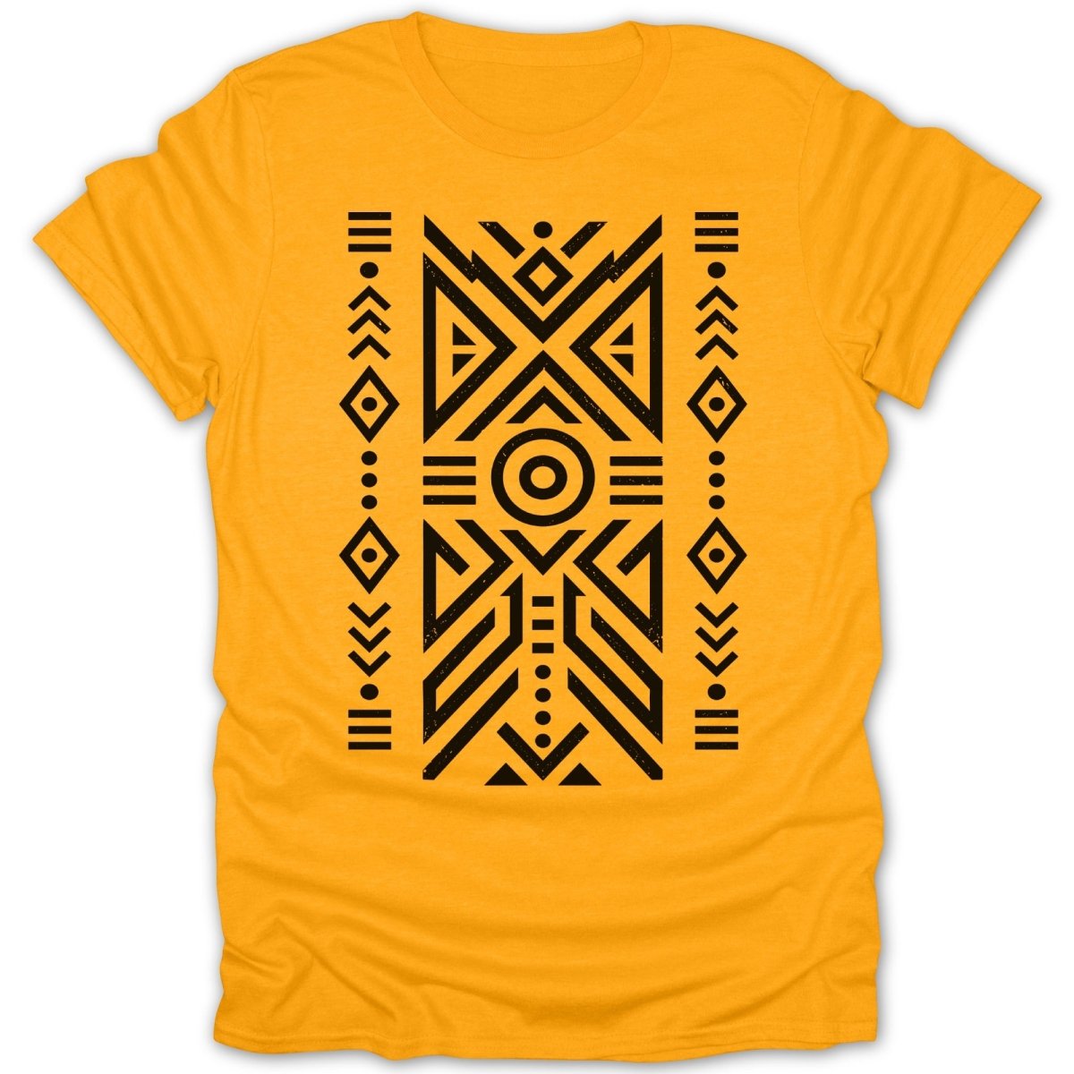 Yellow t-shirt with black geometric tribal design on the front.