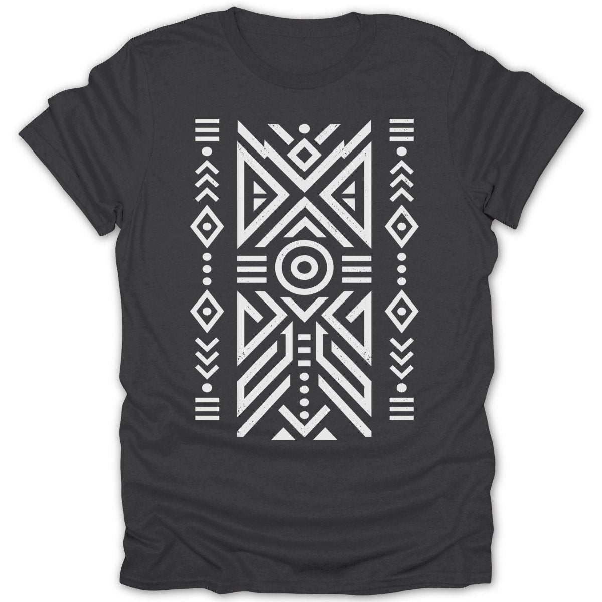 Dark gray t-shirt with white geometric tribal pattern on front.