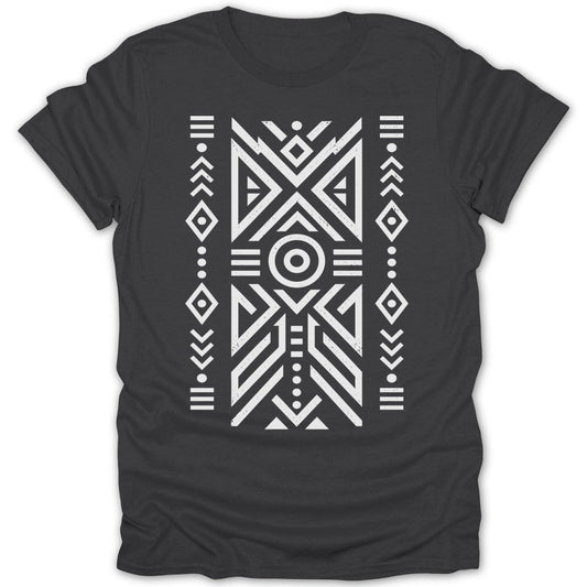 Dark gray t-shirt with white geometric tribal pattern on front.