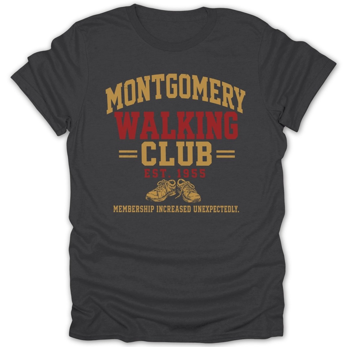 Montgomery Walking Club est. 1955 t-shirt with vintage sneakers and humorous text.