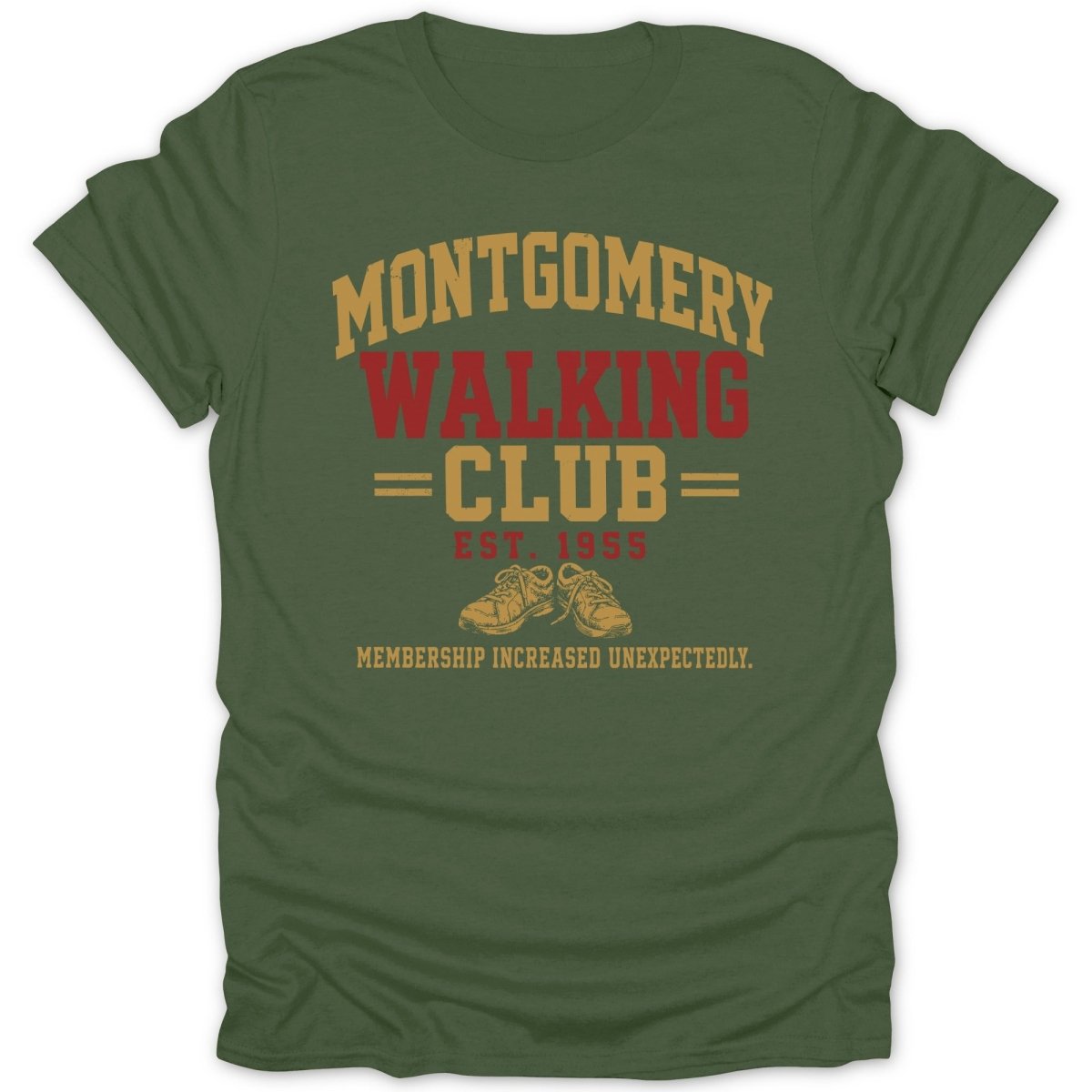 Green t-shirt with "Montgomery Walking Club Est. 1955" and sneakers graphic.