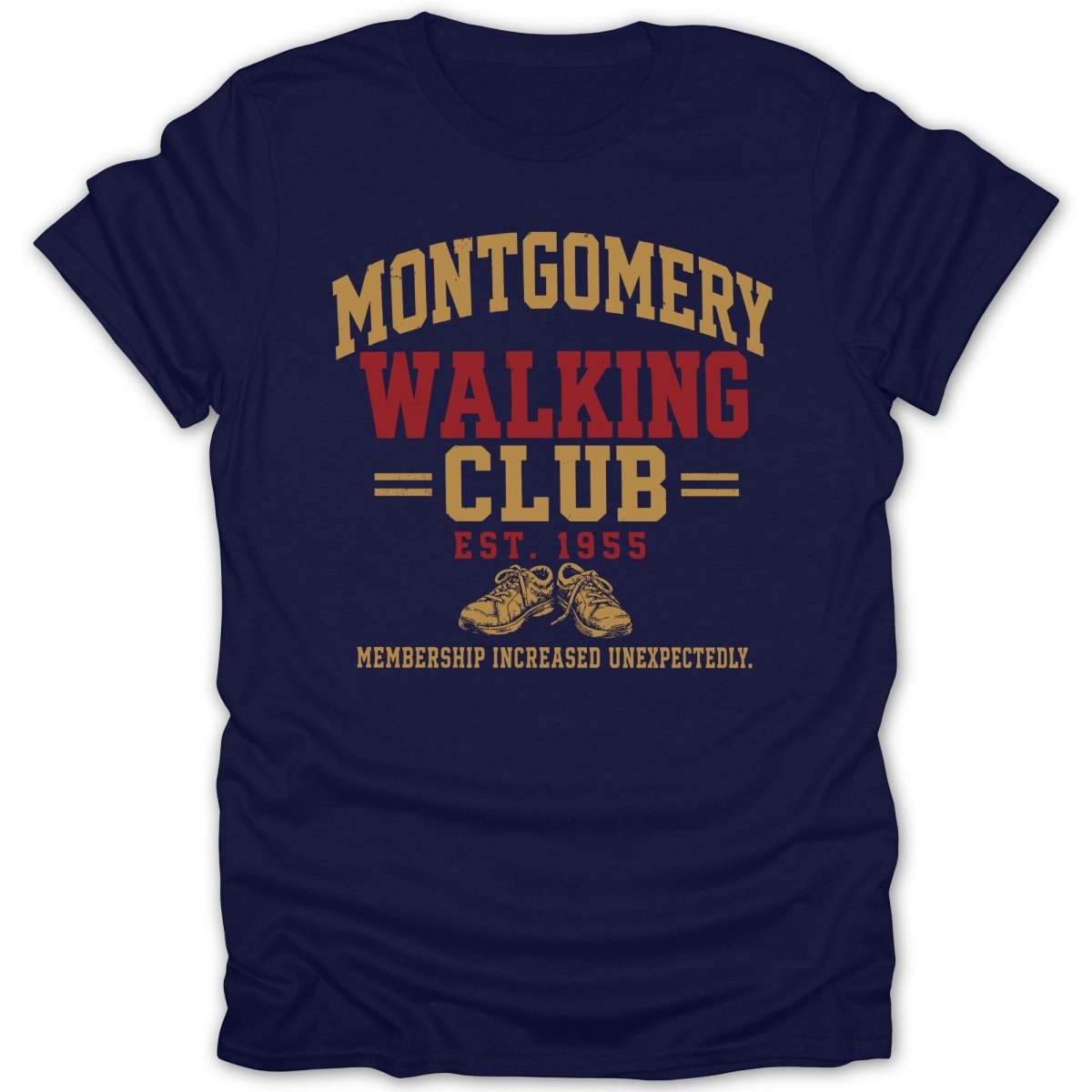 Navy t-shirt with "MONTGOMERY WALKING CLUB EST. 1955" and shoes.