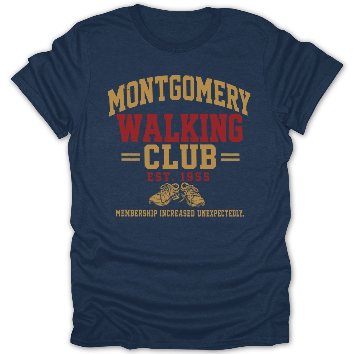 Navy t-shirt with "Montgomery Walking Club est. 1955" and shoes graphic.
