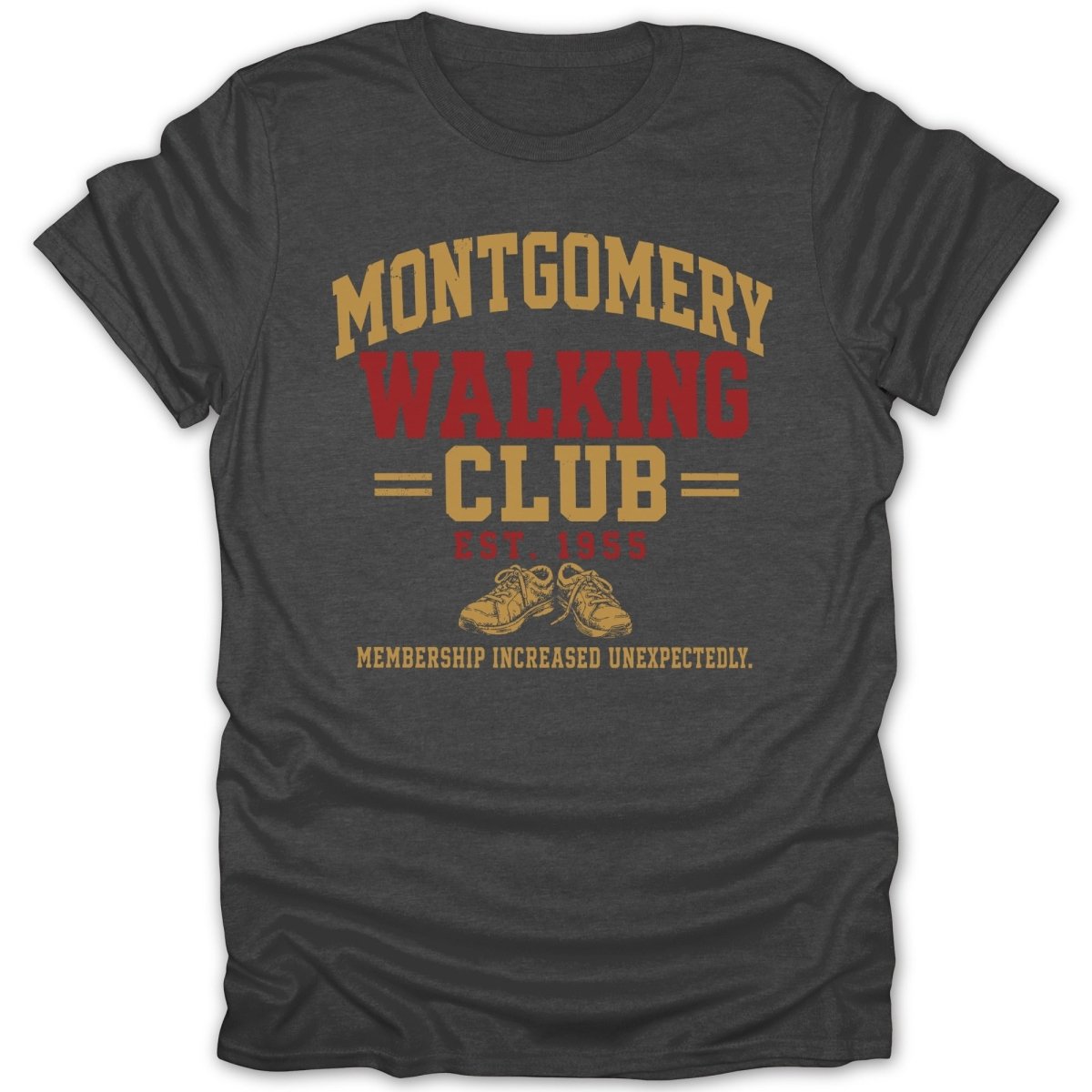 Dark grey t-shirt with "Montgomery Walking Club Est. 1955" and shoes.