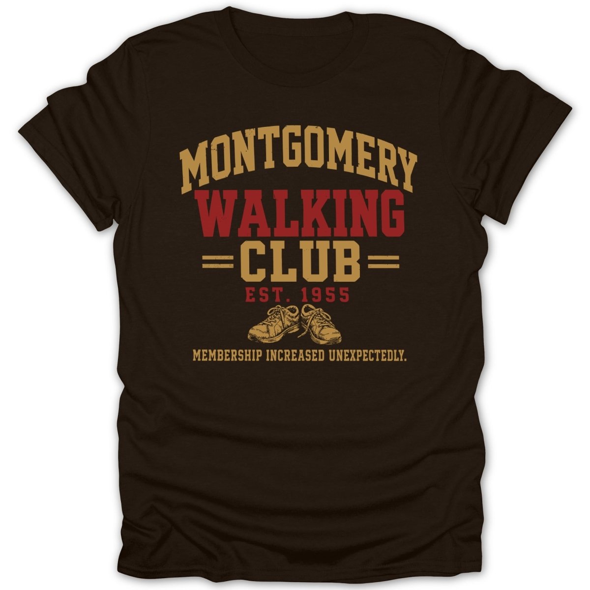 Brown t-shirt with "Montgomery Walking Club Est. 1955" text and shoes.