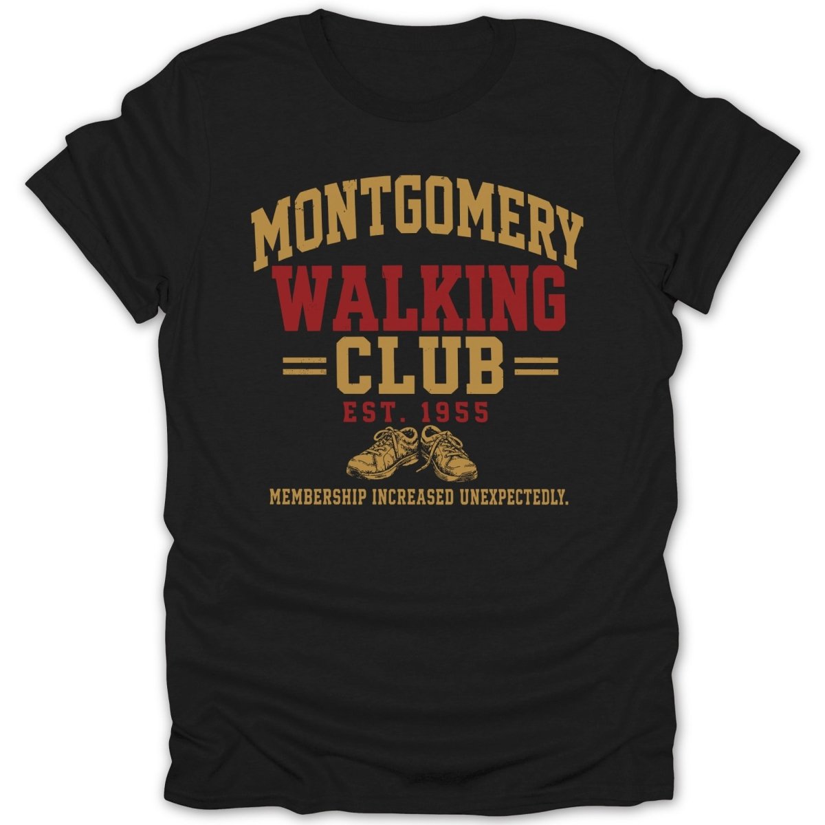 Black t-shirt with Montgomery Walking Club Est. 1955 graphic and shoes.