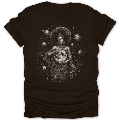 Illustration of a woman with a large afro holding the moon amidst planets and stars.