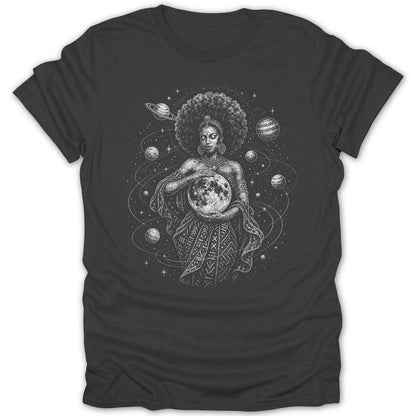 Woman with afro holding moon, surrounded by planets and stars.