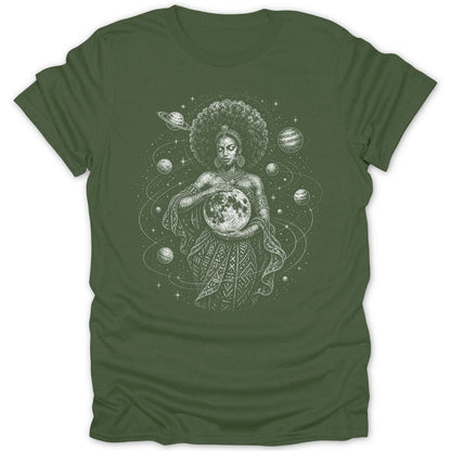 T-shirt with a woman holding the moon surrounded by planets and stars.