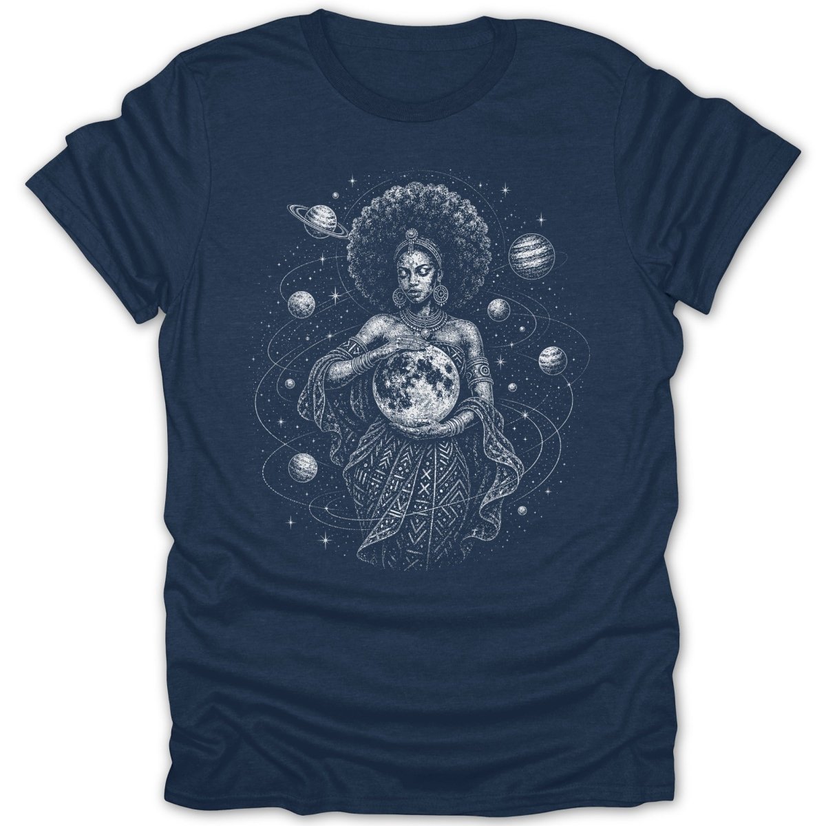 Woman holding moon with planets and stars in cosmic design.