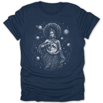 Woman holding moon with planets and stars in cosmic design.