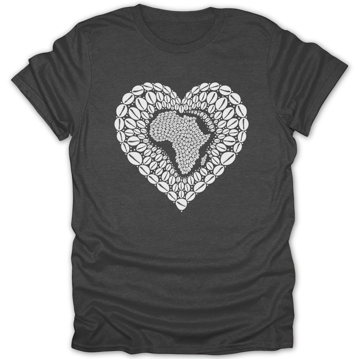 Dark grey t-shirt with a white heart design filled with coffee beans.