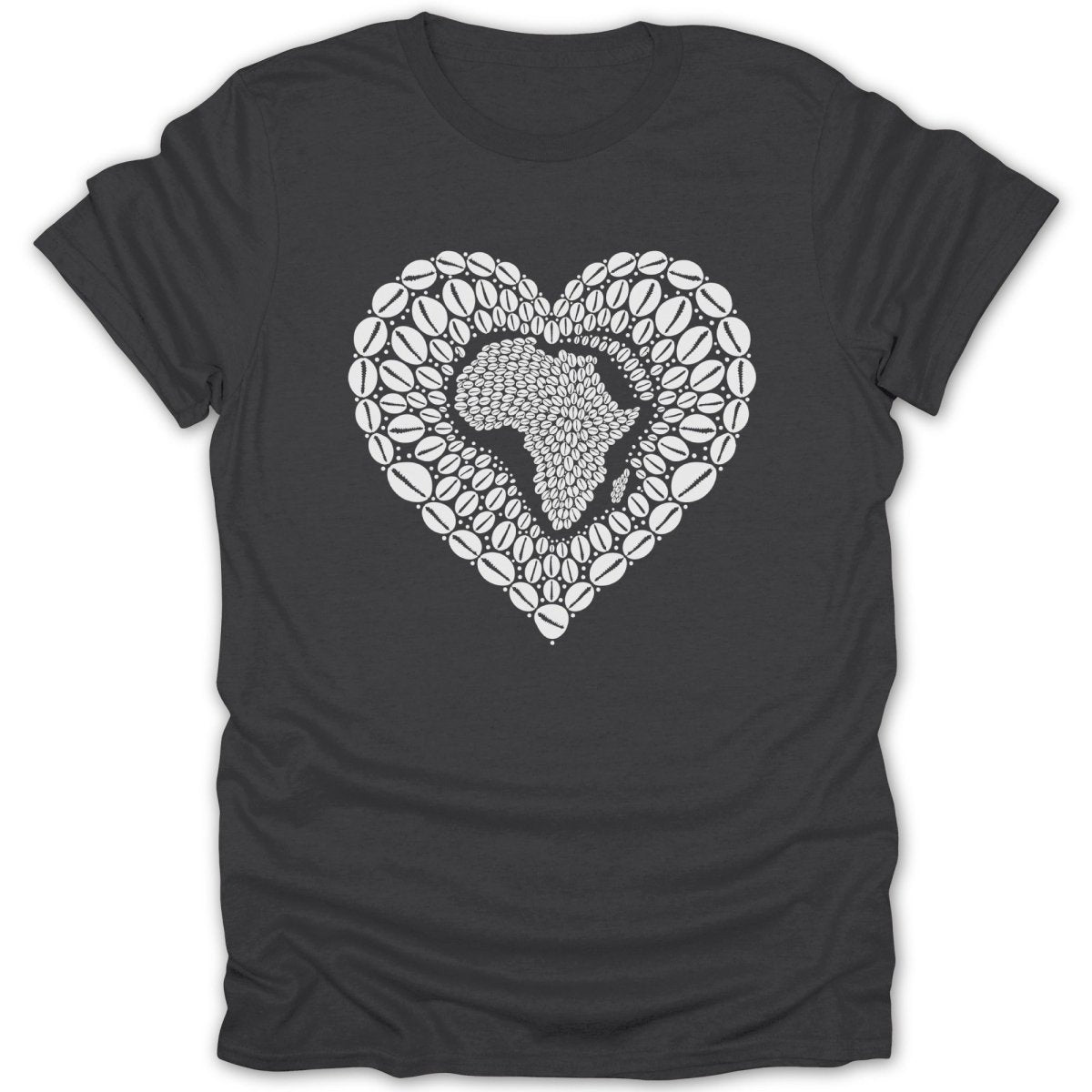 Dark grey t-shirt with a white heart shape filled with the continent of Africa.