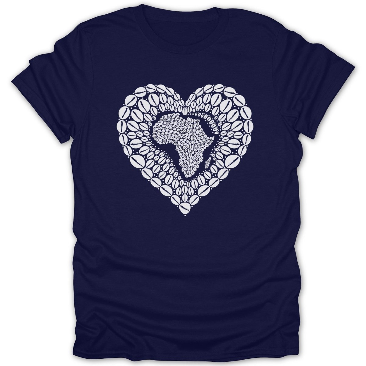 Navy t-shirt with a white heart outline filled with Africa map and cowrie shells.