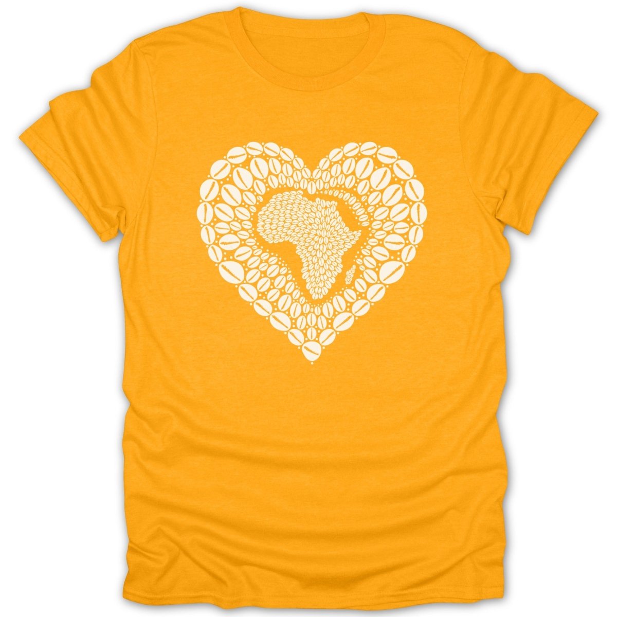 Orange t-shirt with a white heart-shaped African continent design filled with coffee beans.