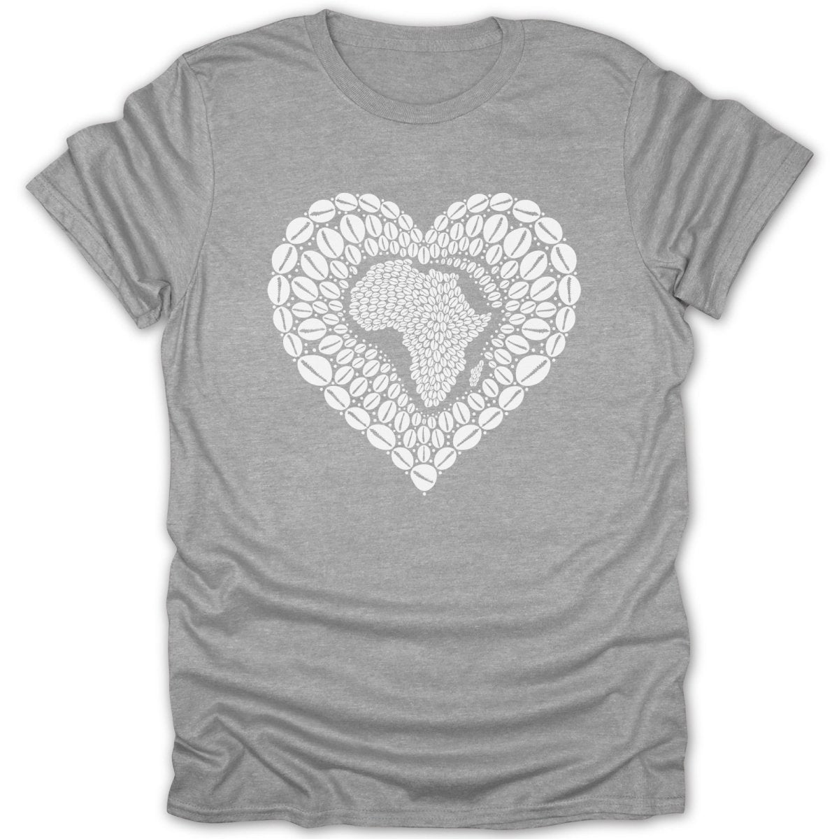 Gray t-shirt with a white heart-shaped coffee bean design of Africa.