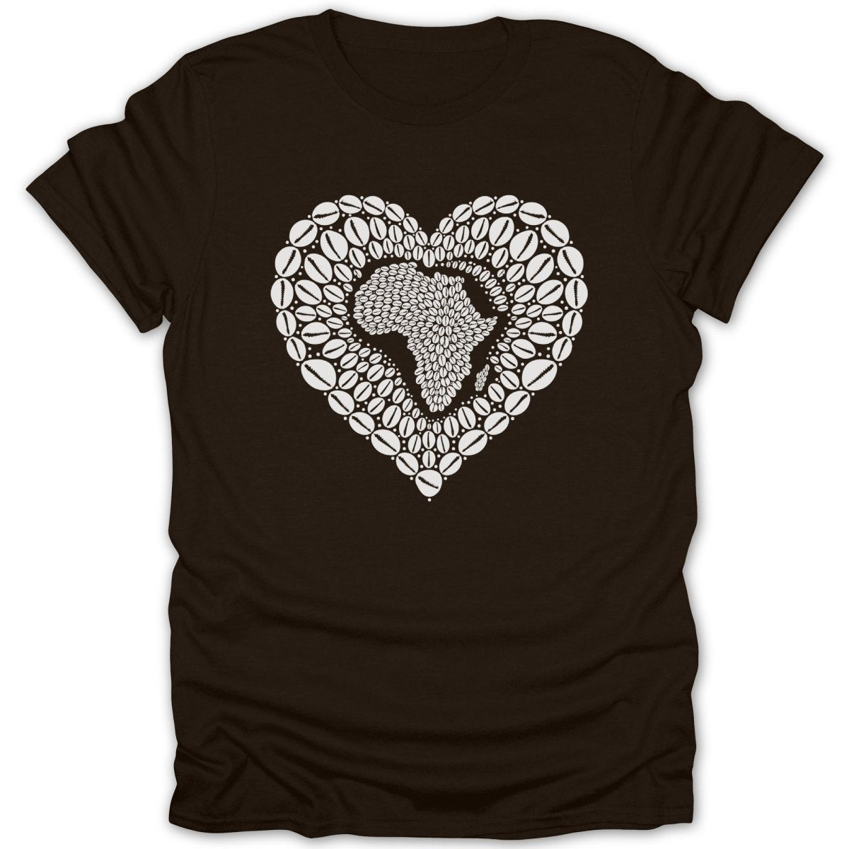 Brown t-shirt with heart shape filled with African continent map and cowrie shells.