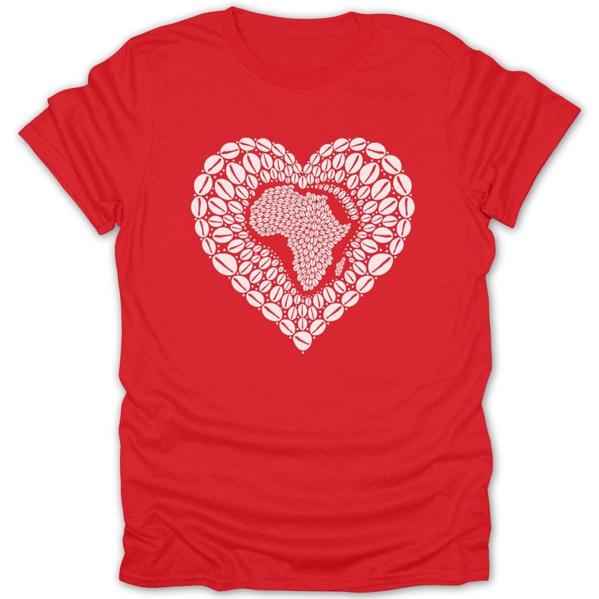 Red t-shirt with a white heart-shaped map of Africa made of coffee beans.