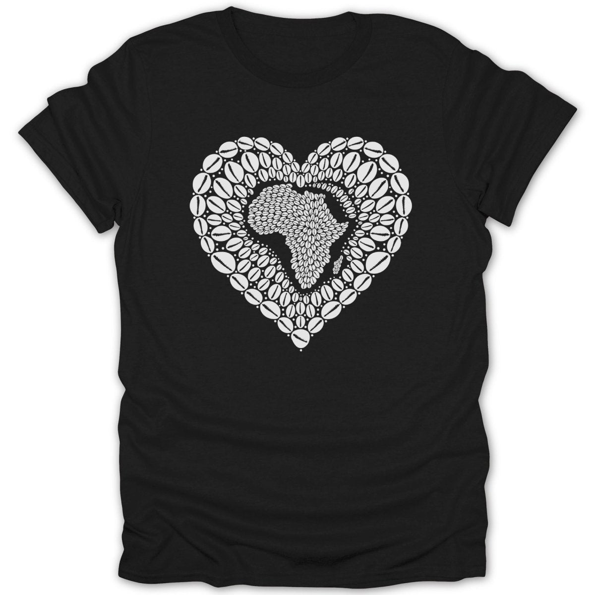 Black t-shirt with a white heart shape filled with the continent of Africa design.