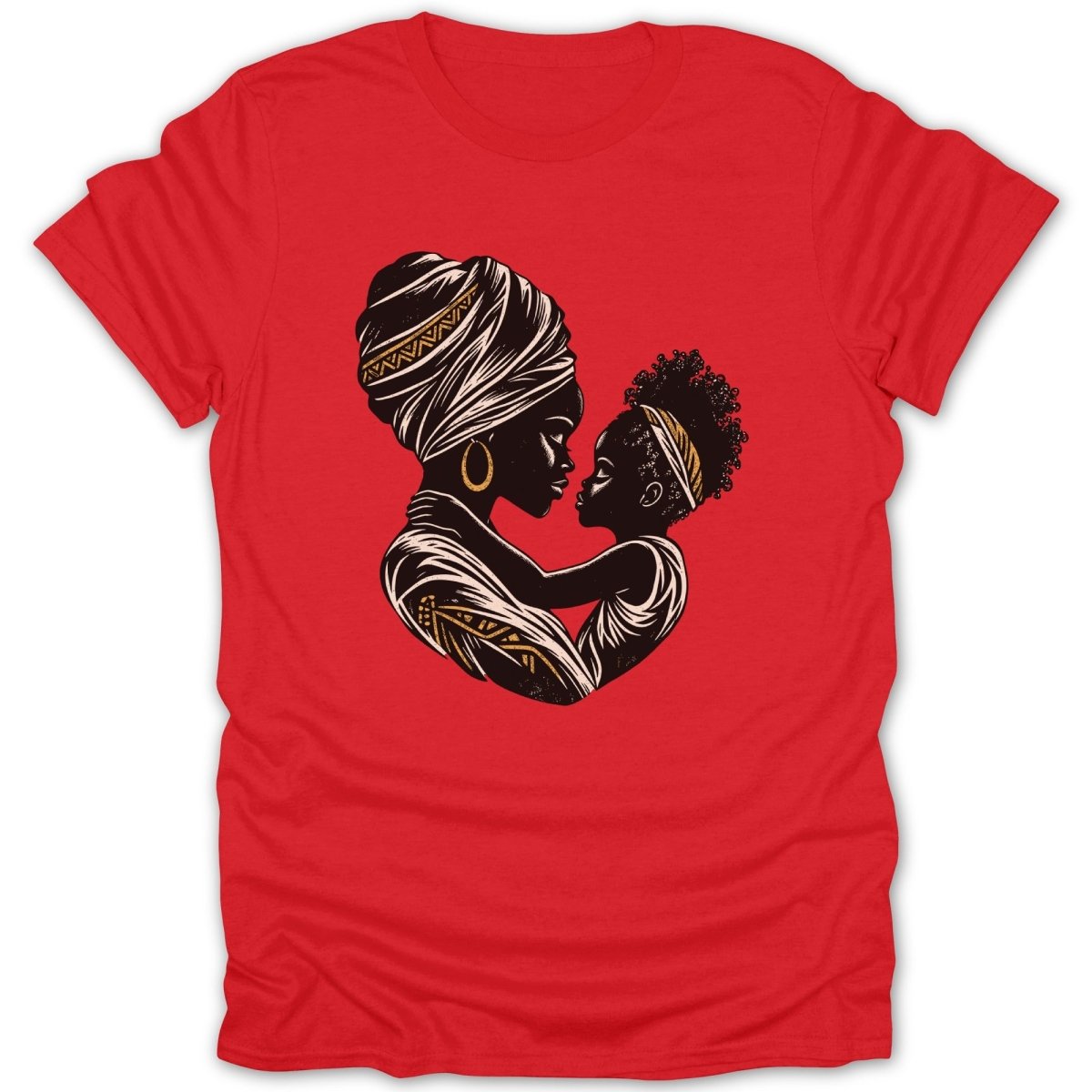 Illustration of a mother and child embracing on a red t-shirt.