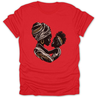 Illustration of a mother and child embracing on a red t-shirt.