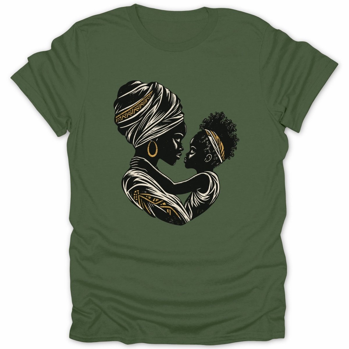Mother and child embrace in a black and gold graphic on a green t-shirt.