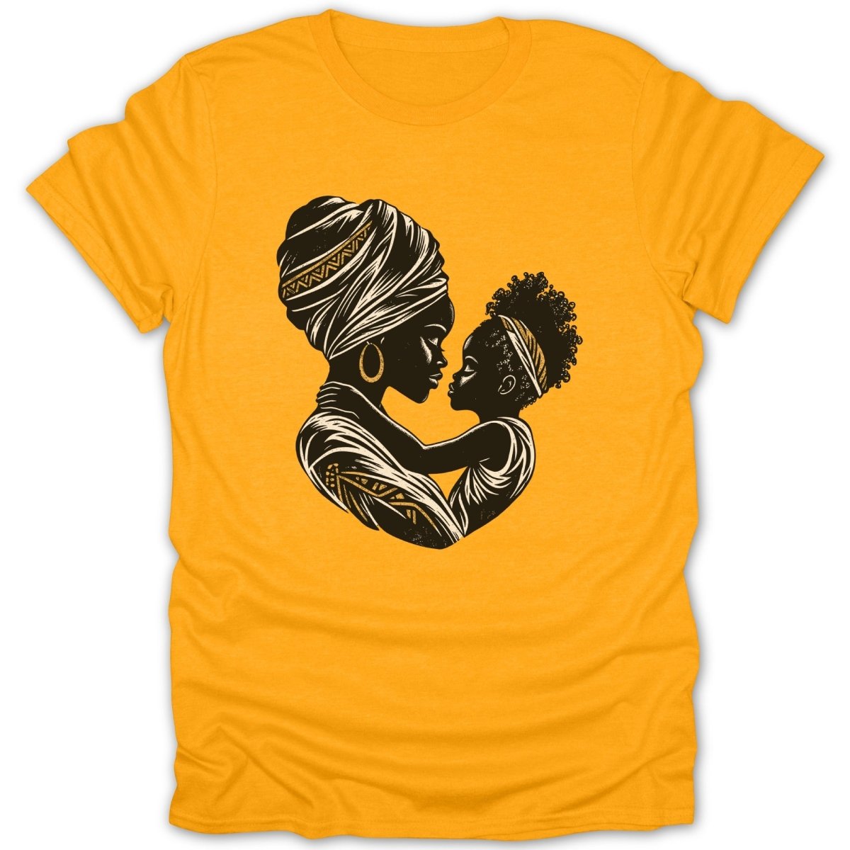Silhouetted mother and child embracing, with gold accents on clothing and headwraps.