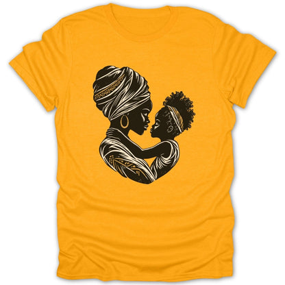 Silhouetted mother and child embracing, with gold accents on clothing and headwraps.