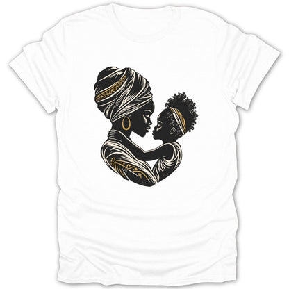 Illustration of a mother and child embracing, with gold accents.