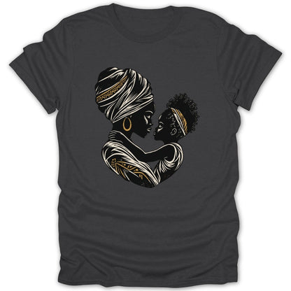 T-shirt with graphic of a mother and child embracing, wearing headwraps.