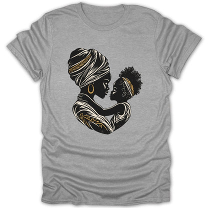 Black and gold illustration of a mother and child embracing, wearing headwraps.