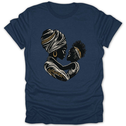 Black and gold graphic of mother and child embracing on a navy t-shirt.
