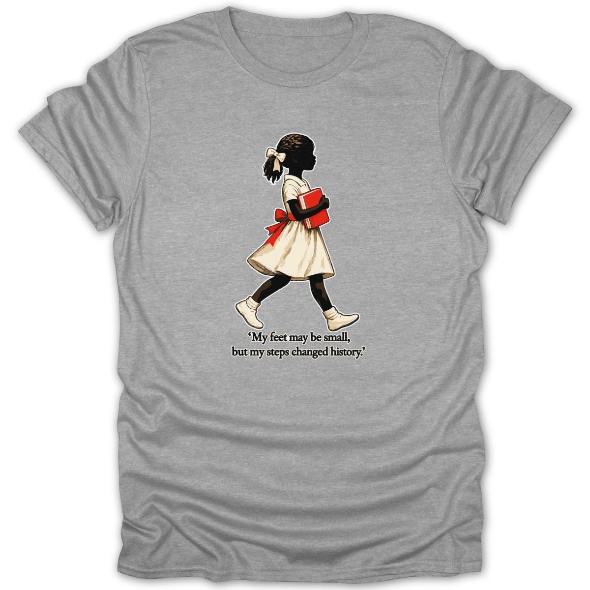 Black silhouette of a girl in a dress and bow holding a book with text.