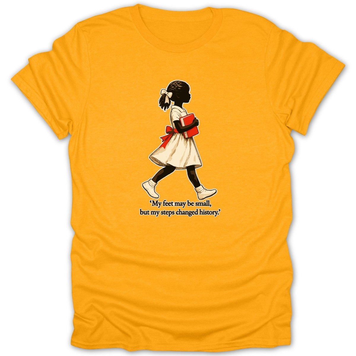 T-shirt with silhouette of girl in white dress holding red book, with quote.