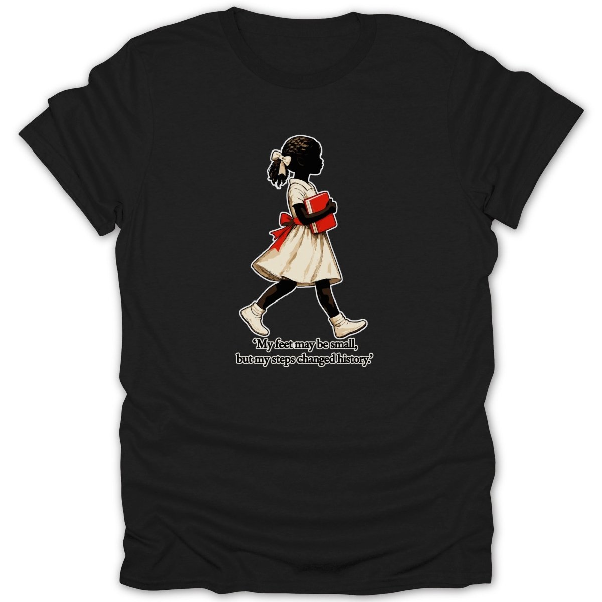 Black t-shirt featuring a silhouette of a girl with a book, with text.